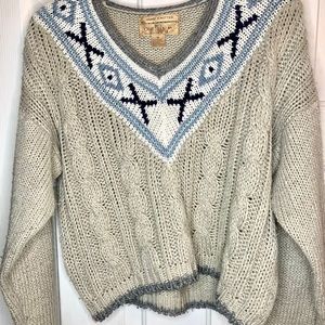 Hand Knitted Sweater One Step Up Vintage V-Neck Grey & Blue Women’s Medium